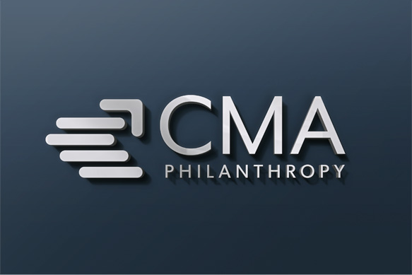 CMA Philanthropy sign on dark blue background with logo looking like metal.